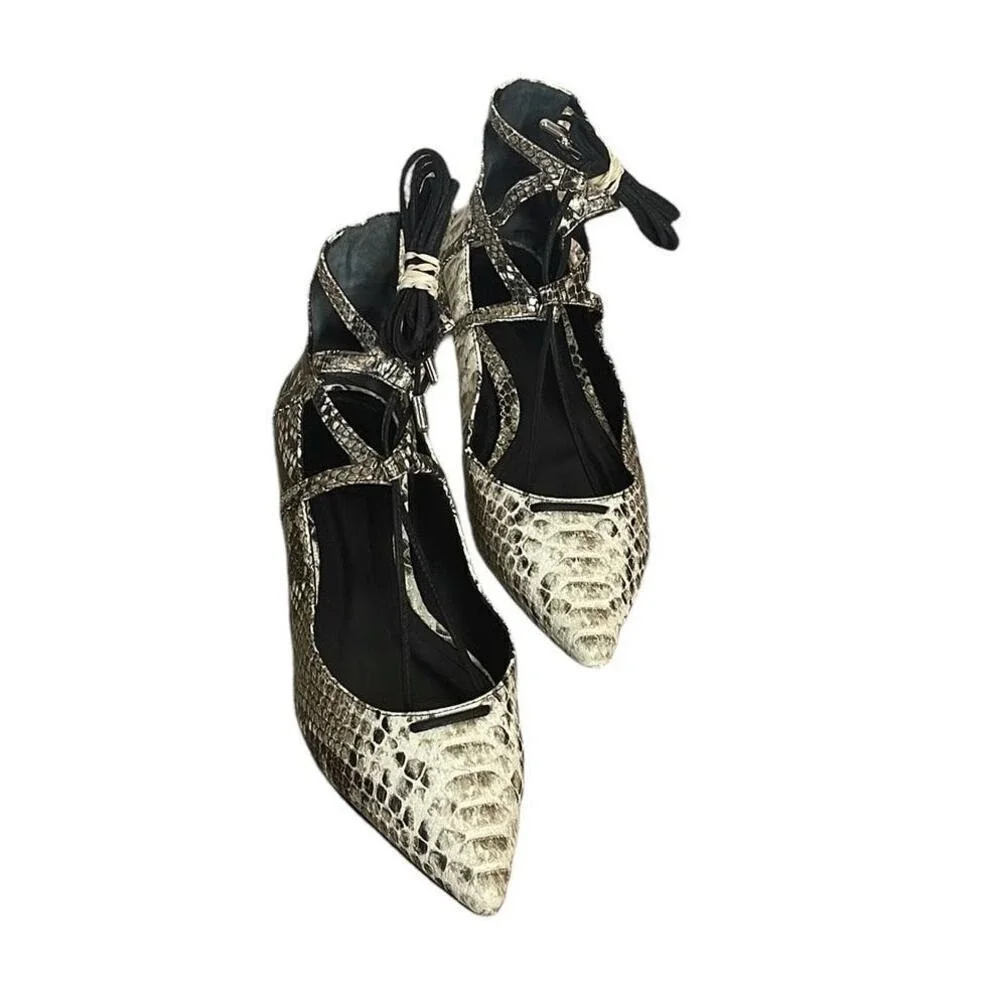 Schutz Beryl Snake Print Lace Up Strappy ‎ Pointy Toe Ballet Flats Size 8